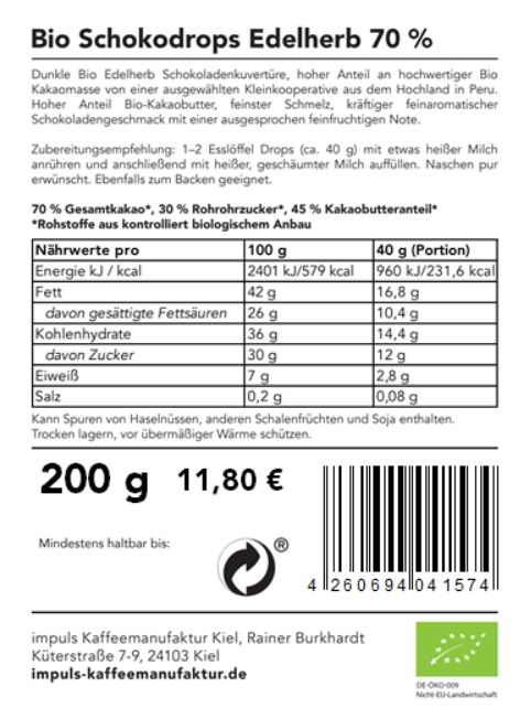 Bio Schokodrops Edelherb 70%