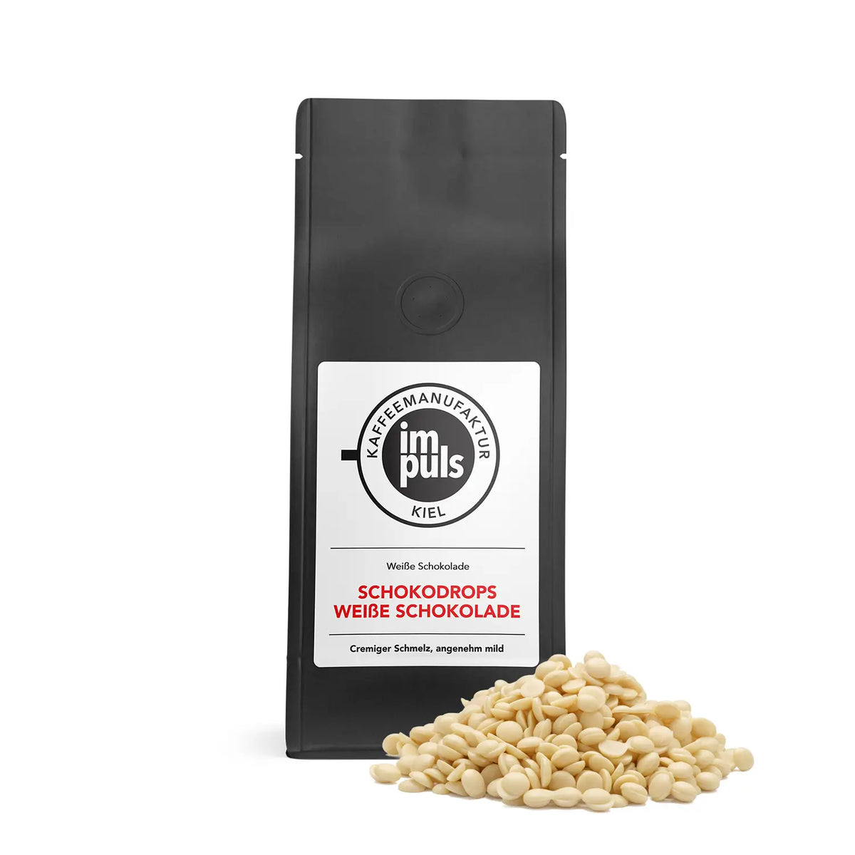 Schokodrops Weisse Schokolade von impuls Kaffeemanufaktur Kiel, 200 g Beutel mit weissen Schokoladendrops