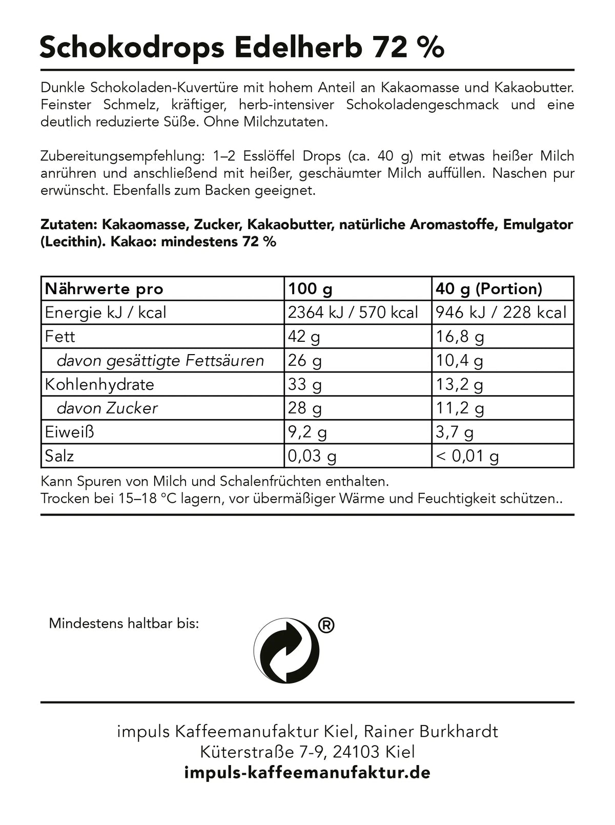 Etikett Schokodrops Edelherb 72 % mit Zutatenverzeichnis, Naehrwerttabelle und Allergenhinweis