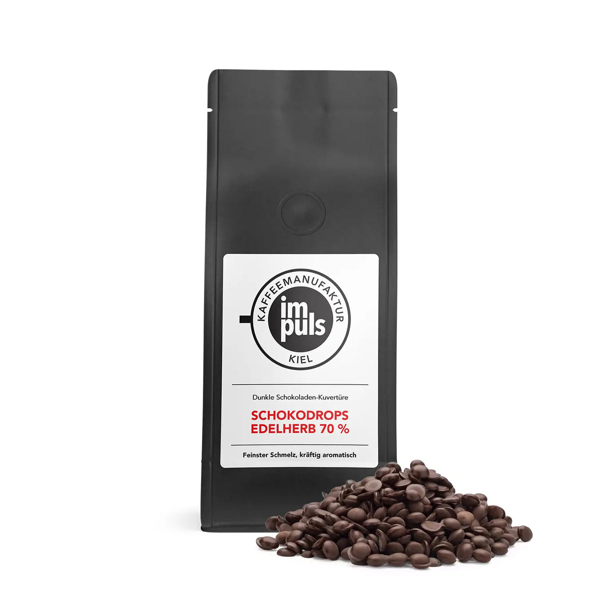 Schokodrops Edelherb 72 % von impuls Kaffeemanufaktur Kiel, 200 g Beutel mit dunklen Schokoladendrops