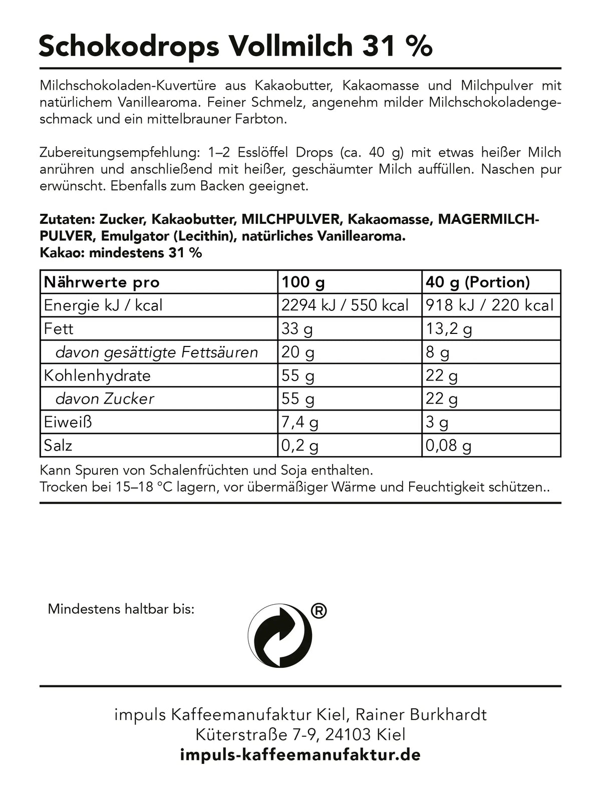 Etikett Schokodrops Vollmilch 31 % mit Zutatenverzeichnis, Naehrwerttabelle und Allergenhinweis