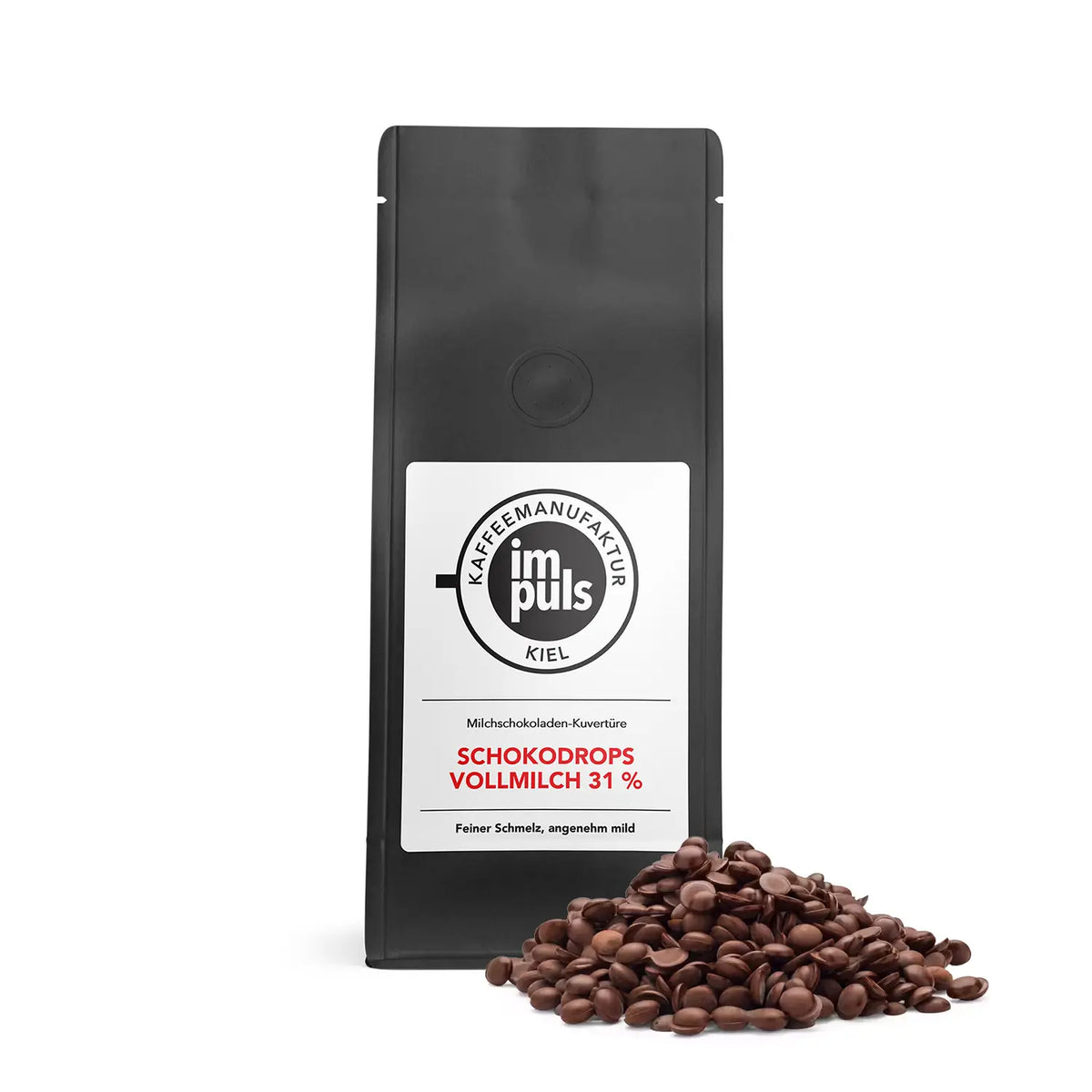 Schokodrops Vollmilch 31 % von impuls Kaffeemanufaktur Kiel, 200 g Beutel mit Milchschokoladendrops